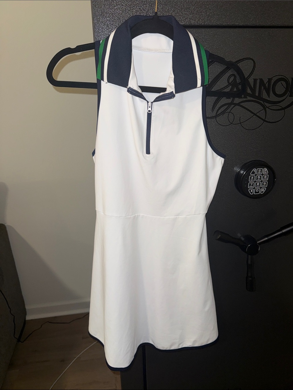 White With Navy and green collar and trim tennis dress